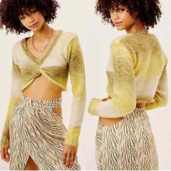 NWT For Love & Lemons Celeste Twist Front Crop Sweater in Green Ombre | REVOLVE - Picture 2 of 9